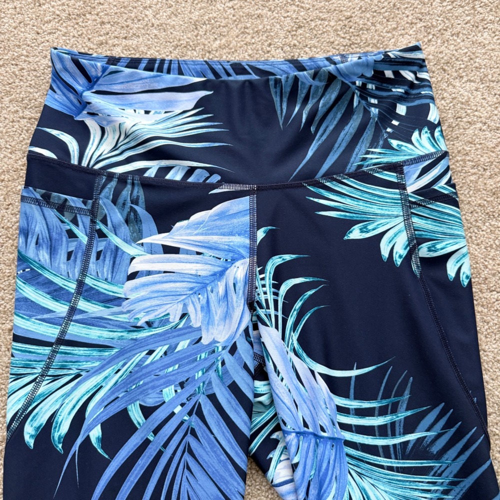 Old Navy Elevate Legging Women Large Blue Tropical Palm Go-Dry Activewear - Picture 3 of 5